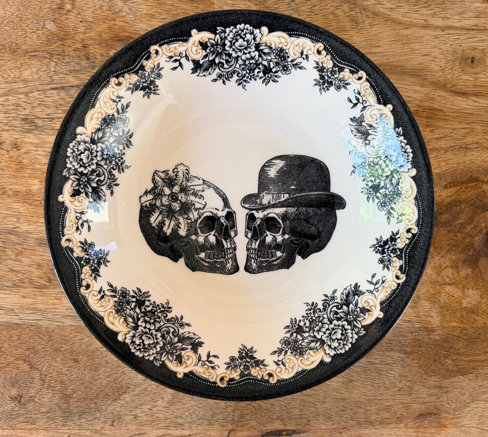Vintage Royal Stafford Skull Pasta Bowls Black Floral Skeleton Wedding Soup